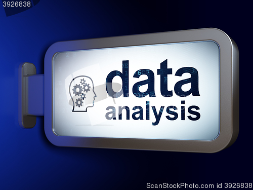 Image of Information concept: Data Analysis and Head With Gears on billboard background