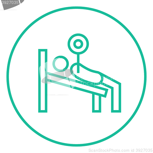 Image of Man lying on bench and lifting barbell line icon.