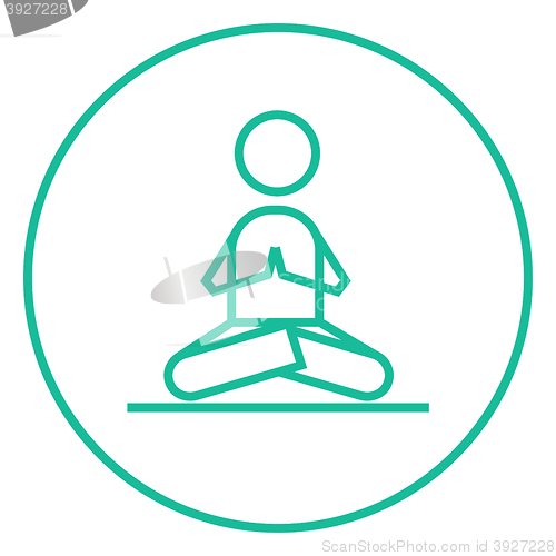 Image of Man meditating in lotus pose line icon.