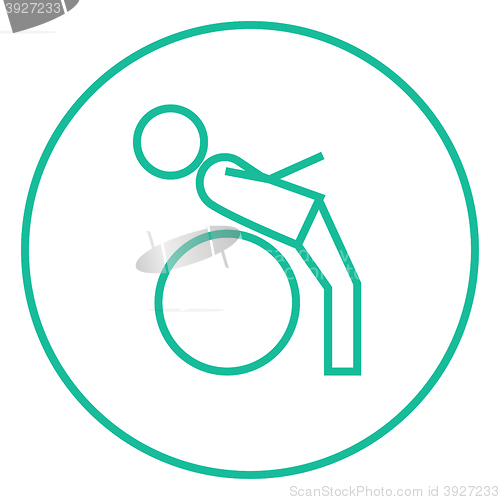 Image of Man doing exercises lying on gym ball line icon.
