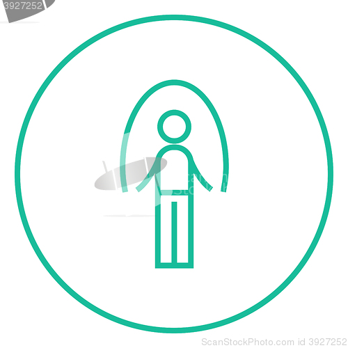 Image of Man exercising with skipping rope line icon.