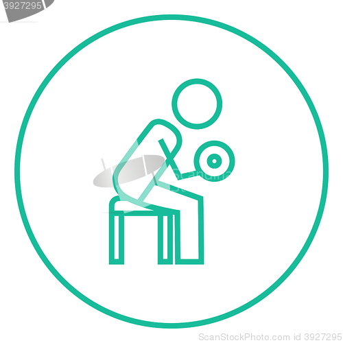 Image of Man exercising with dumbbells line icon.