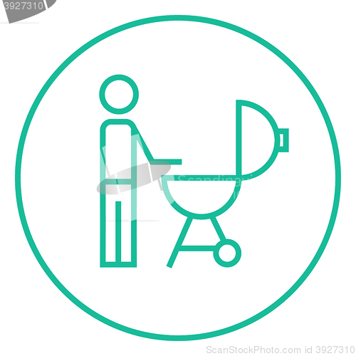 Image of Man at barbecue grill line icon.