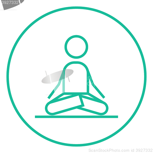 Image of Man meditating in lotus pose line icon.