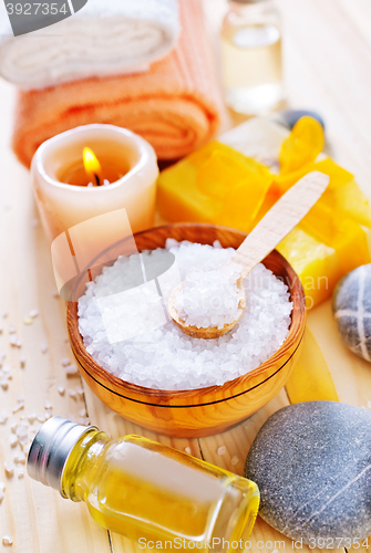 Image of sea salt, soap and towels