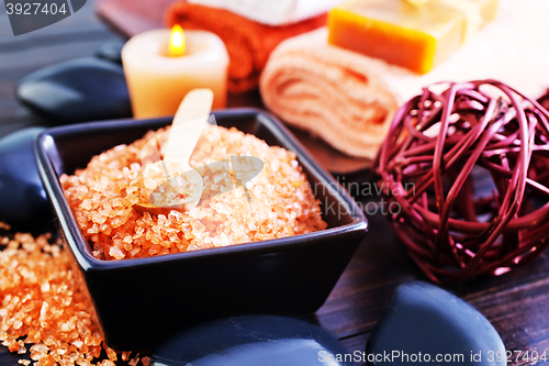 Image of sea salt, soap and towels