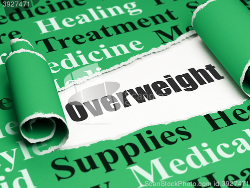 Image of Medicine concept: black text Overweight under the piece of  torn paper