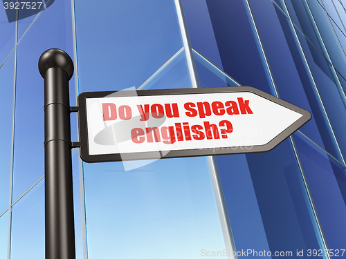 Image of Studying concept: sign Do you speak English? on Building background