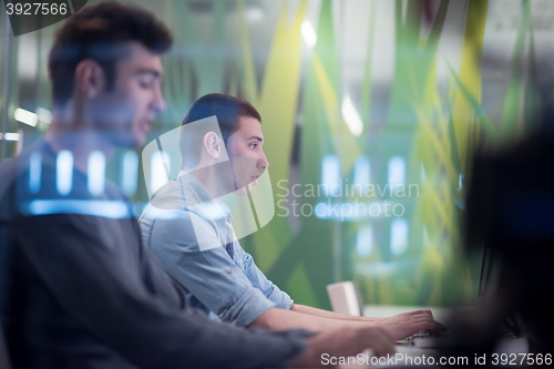 Image of technology students group working  in computer lab school  class