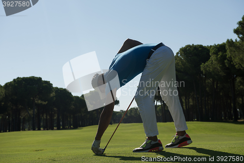 Image of golf player placing ball on tee