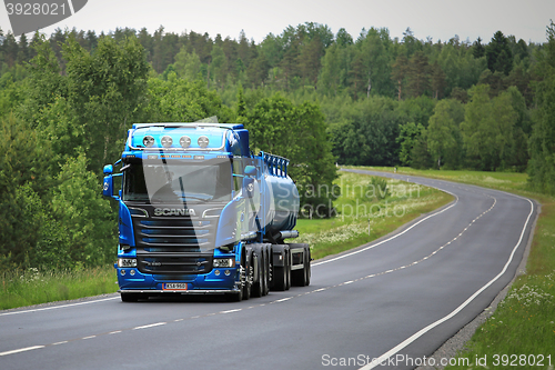 Image of New Blue Scania R580 Tank Truck on the Road