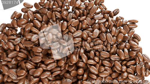 Image of roasted coffee beans falling down isolated 