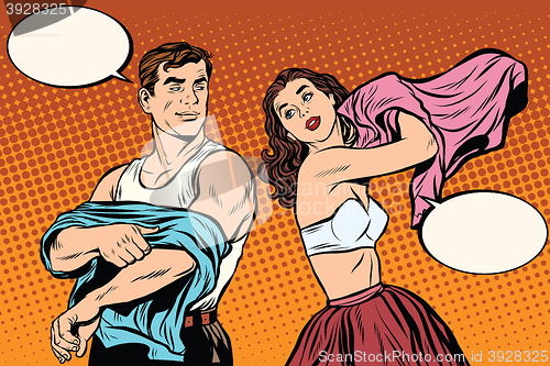 Image of Morning man and woman dress up. Underwear
