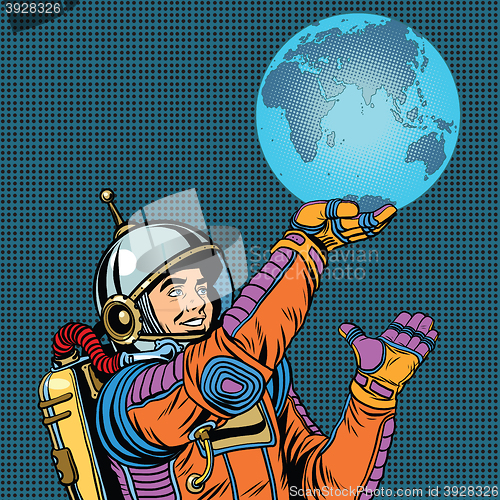 Image of Retro astronaut is holding the planet Earth on hand