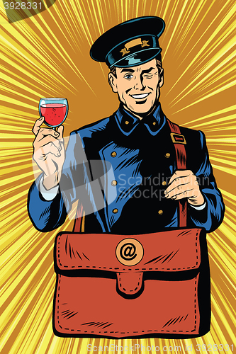 Image of Smiling retro postman with a greeting glass of wine