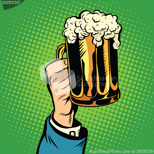 Image of beer mug in hand, pop art retro
