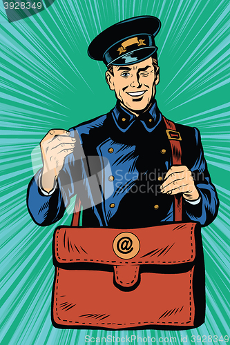 Image of Friendly retro postman in blue uniform with bag