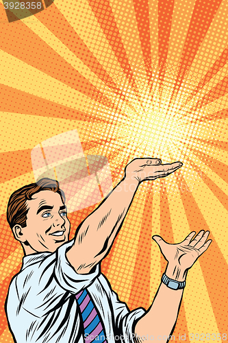 Image of Retro man, sun on the palm