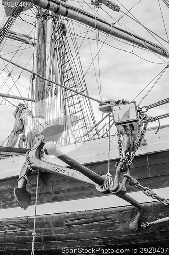 Image of Anchor and rigging of an old sailboat, close-up  