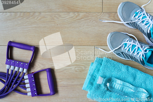 Image of Flat lay photo of sports equipment