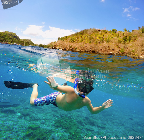 Image of Underwater and surface split view in the tropics