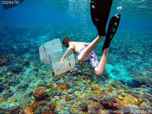 Image of Underwater shoot of a young boy snorkeling