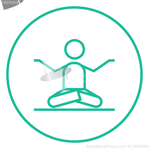 Image of Man meditating in lotus pose line icon.