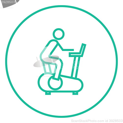 Image of Man training on exercise bike line icon.