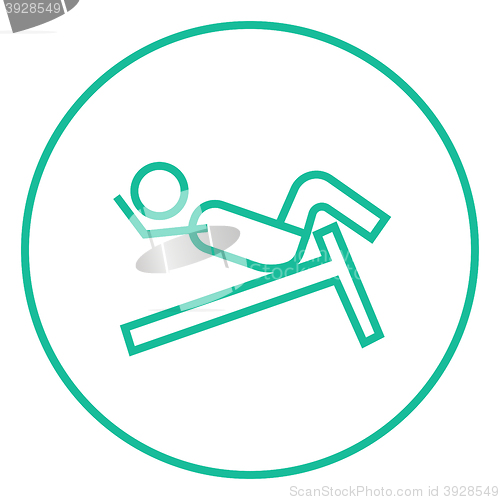 Image of Man doing crunches on incline bench line icon.