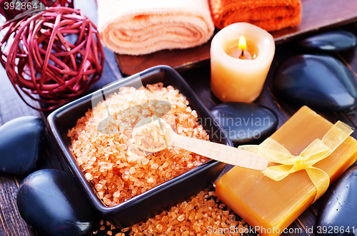 Image of sea salt, soap and towels