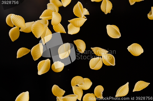 Image of Falling conchiglie pasta. Flying yellow raw macaroni over black background.