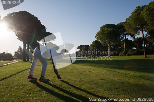 Image of golf player placing ball on tee