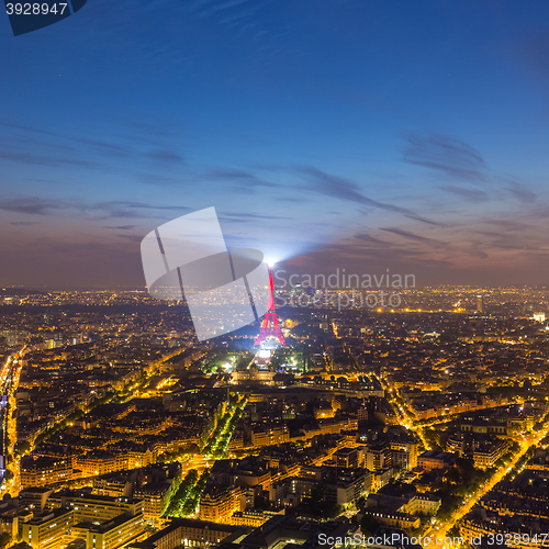 Image of Eiffel Tower and Paris cityscape from above, France