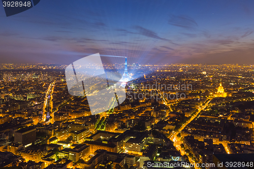 Image of Eiffel Tower and Paris cityscape from above, France