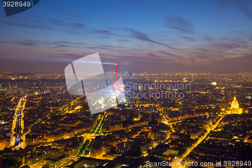 Image of Eiffel Tower and Paris cityscape from above, France