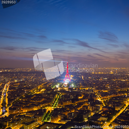 Image of Eiffel Tower and Paris cityscape from above, France