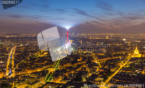 Image of Eiffel Tower and Paris cityscape from above, France