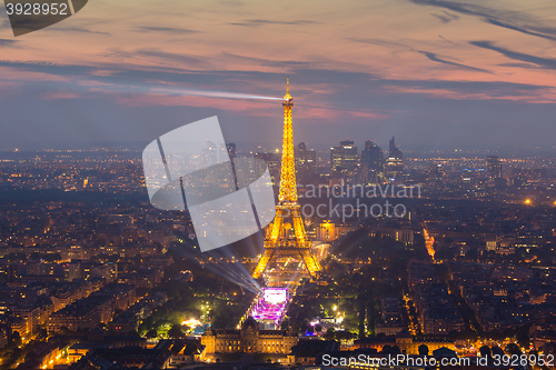 Image of Eiffel Tower and Paris cityscape from above, France