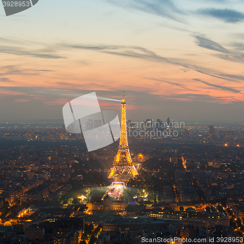 Image of Eiffel Tower and Paris cityscape from above, France