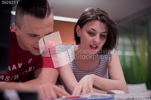 Image of technology students group working  in computer lab school  class