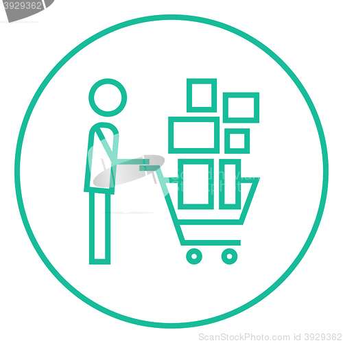 Image of Man pushing shopping cart line icon.