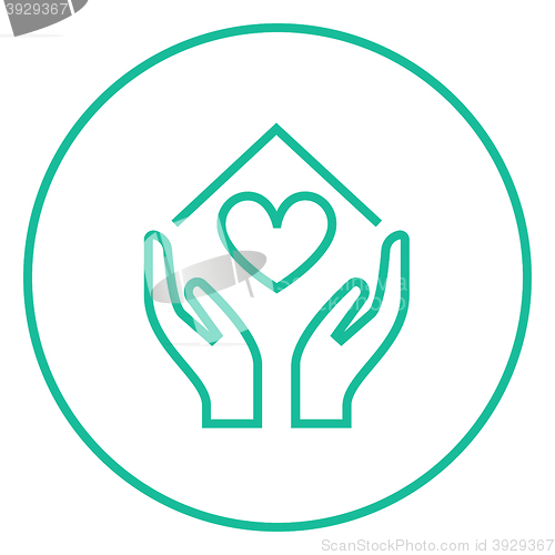 Image of Hands holding house symbol with heart shape line icon.