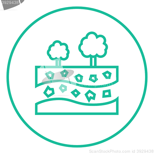 Image of Cut of soil with different layers and trees on top line icon.