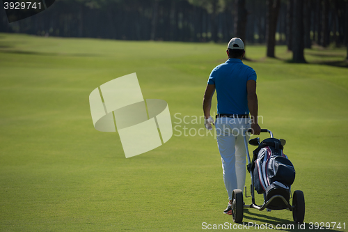 Image of golf player walking with wheel bag