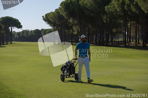 Image of golf player walking with wheel bag