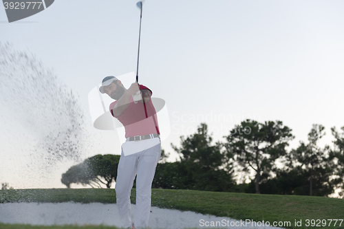 Image of golfer hitting a sand bunker shot on sunset