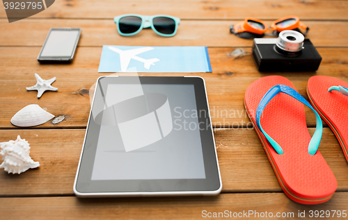 Image of close up of tablet pc and travel stuff