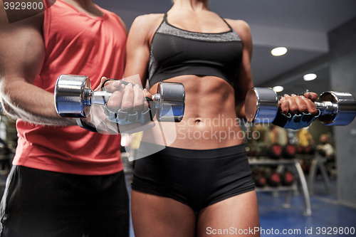 Image of young couple with dumbbell flexing muscles in gym