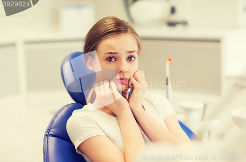 Image of scared and terrified patient girl at dental clinic