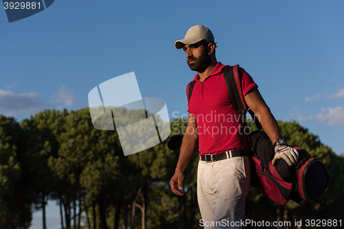 Image of golfer  walking and carrying golf  bag